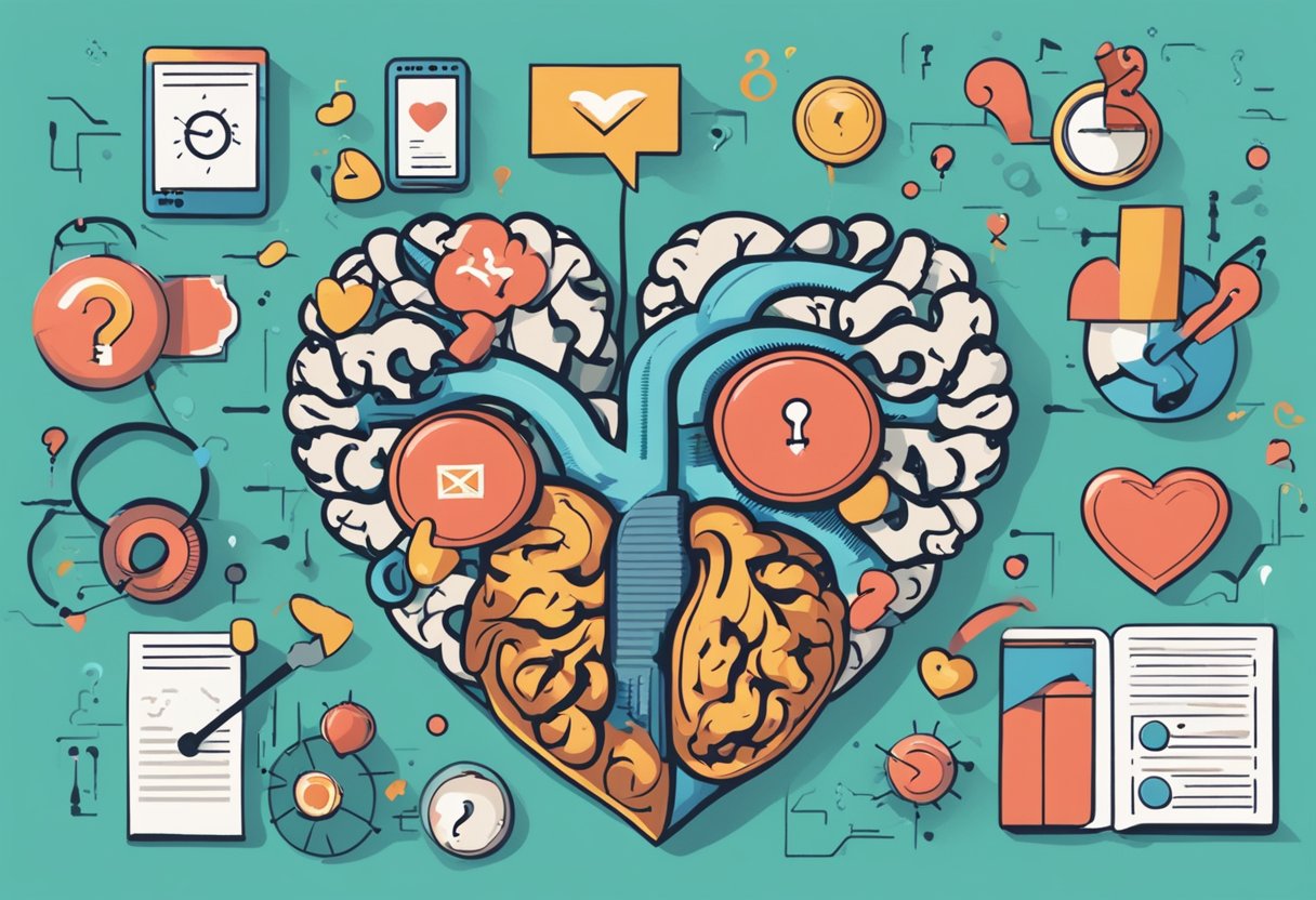 A heart and a brain surrounded by question marks, representing FAQs about heart disease and stroke