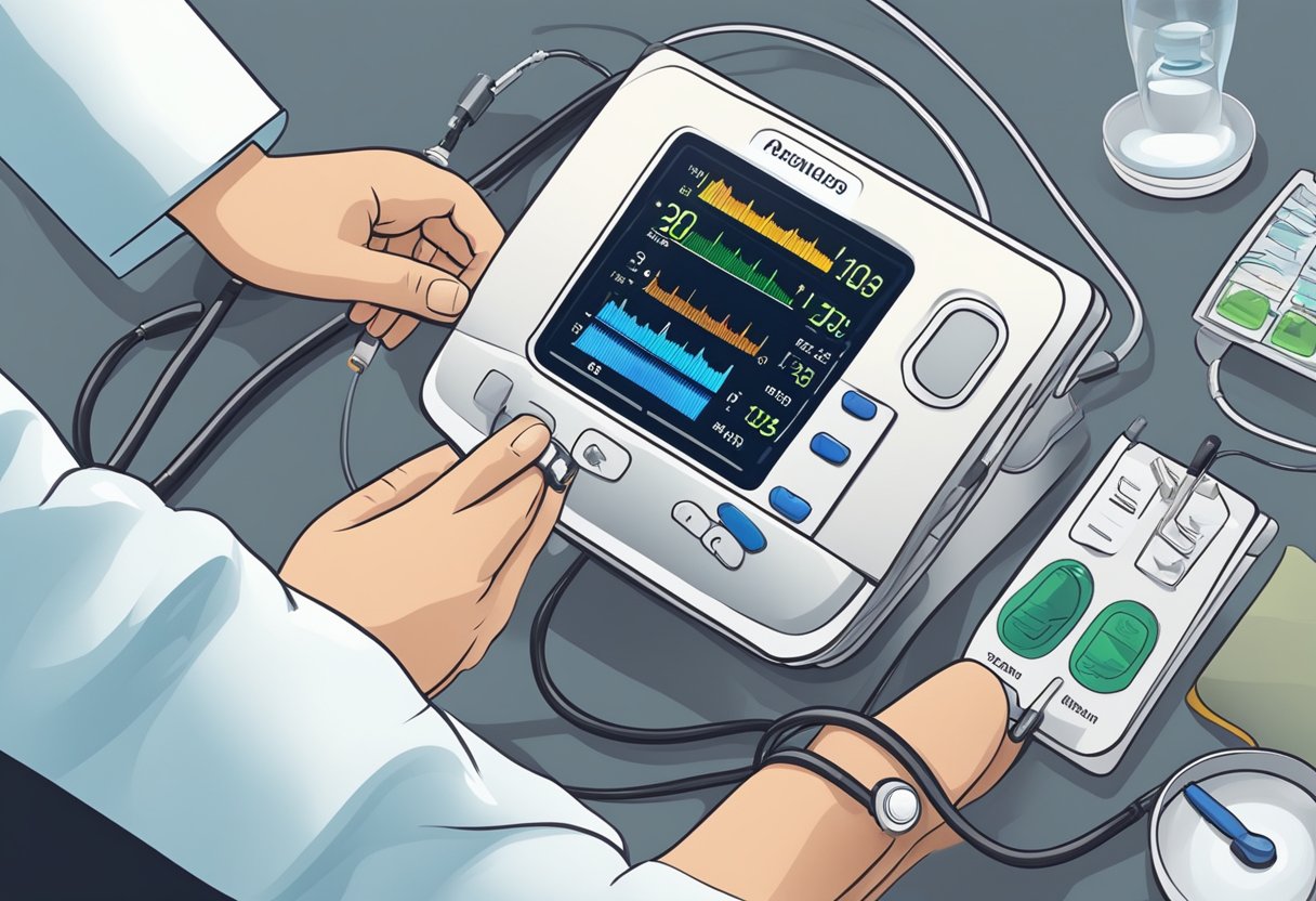 A heart monitor displays low blood pressure, while a doctor adjusts medication dosage