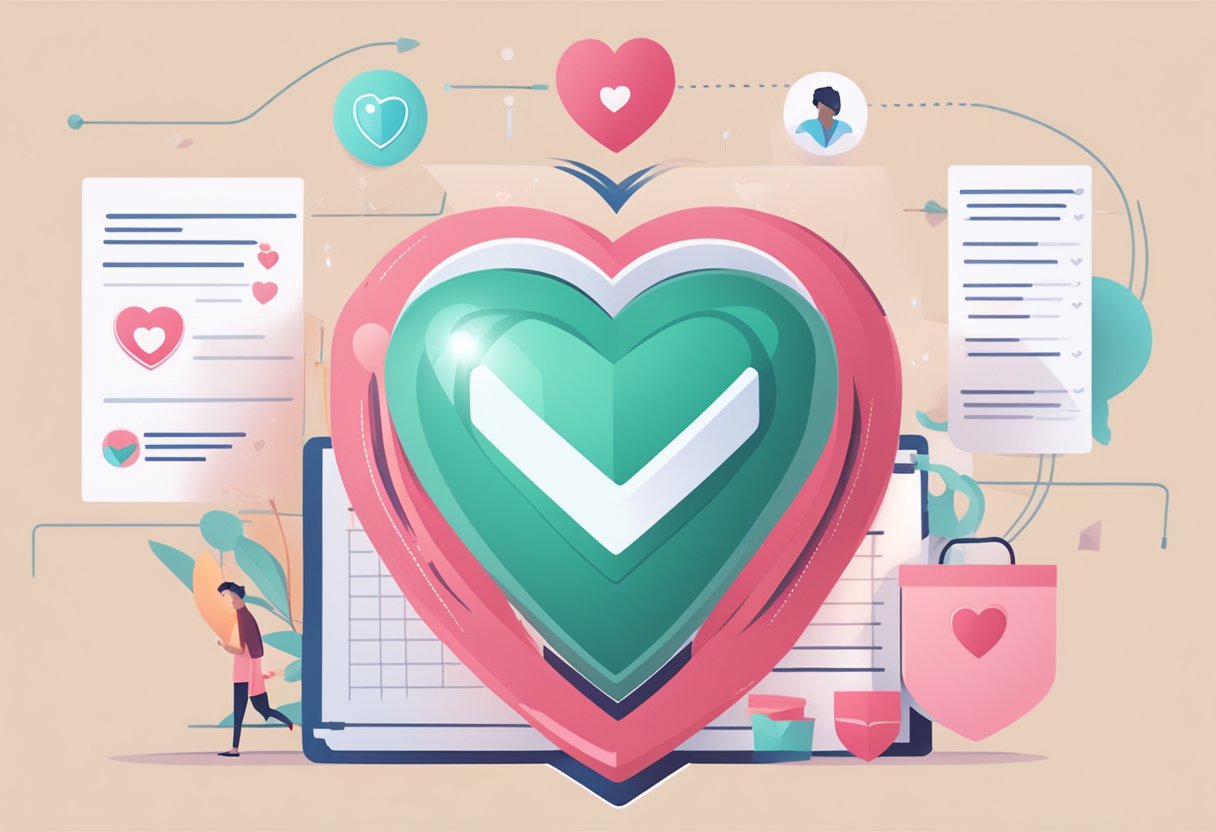 A heart with a shield and a checklist of prevention methods floating around it