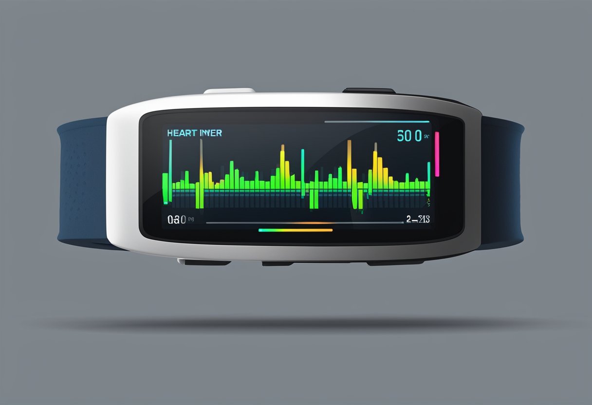 A runner's heart rate monitor displays a moderate, steady pulse while running. The monitor shows the heart rate in beats per minute