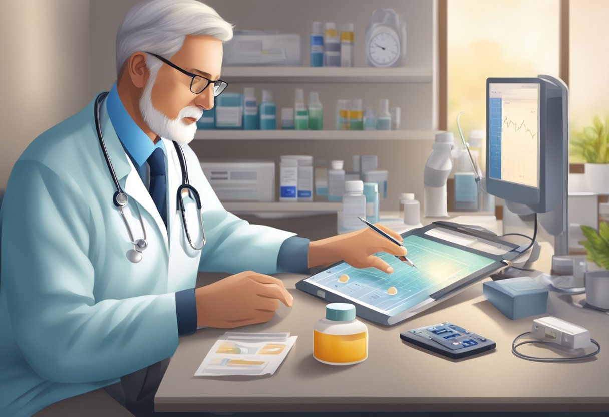 A doctor monitors patient's vital signs and adjusts medication