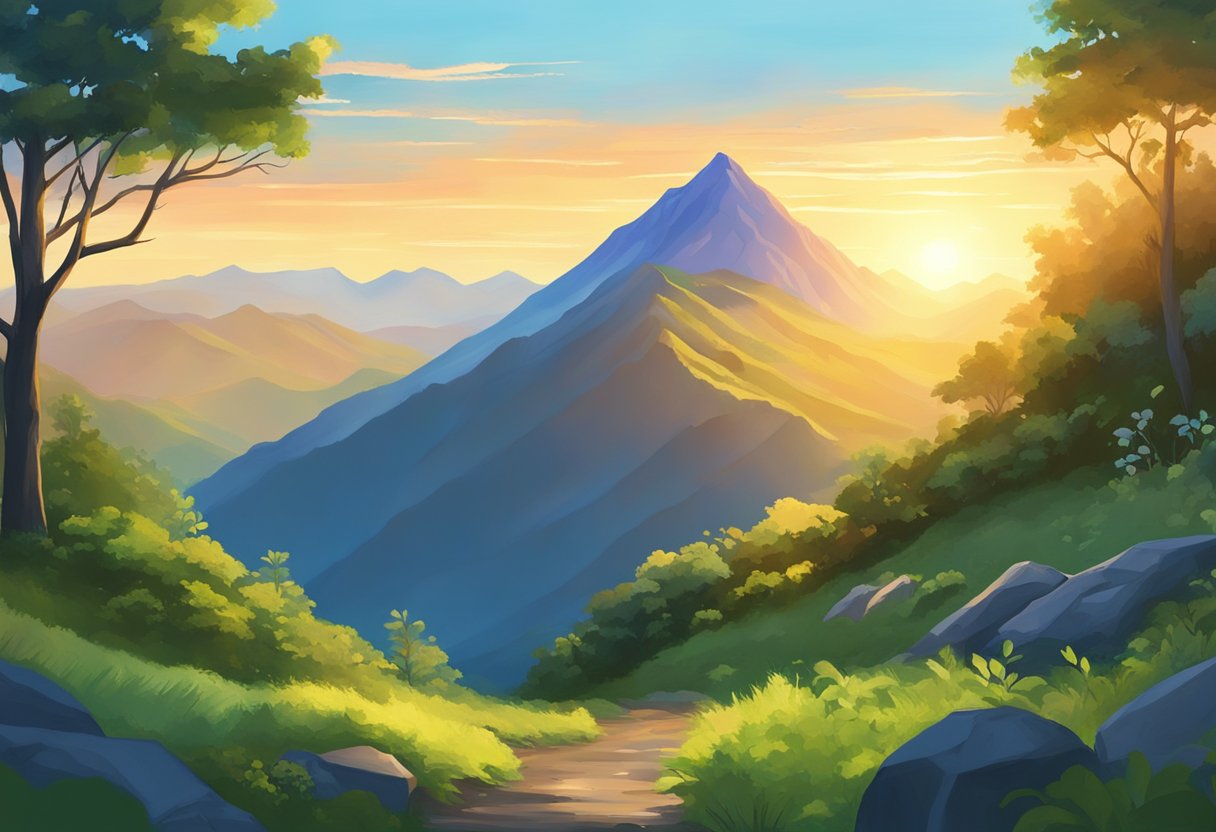 Sunrise over a mountain peak, with a vibrant blue sky and lush greenery below. The scene exudes a sense of vitality and energy