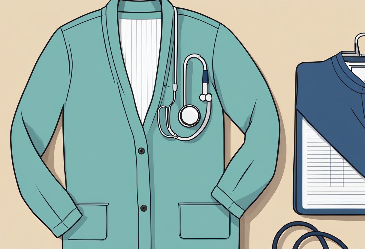 A person's clothing laid out neatly: dress pants, button-up shirt, and a cardigan. A stethoscope and medical chart on a desk
