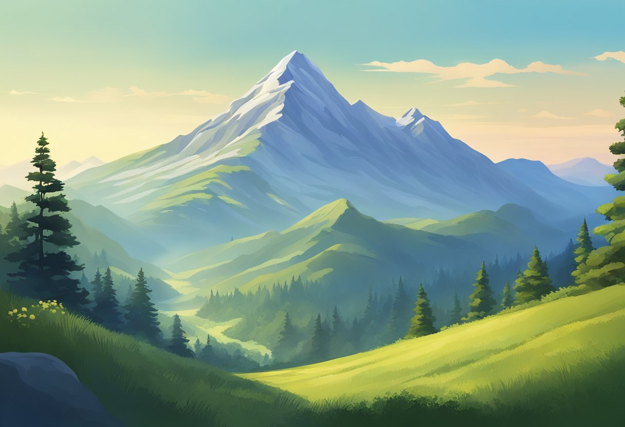A serene mountain peak overlooks a tranquil valley, with a clear blue sky and lush greenery below