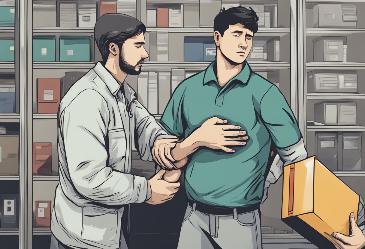 A person clutching their chest, looking distressed, while someone else calls for help and retrieves an AED