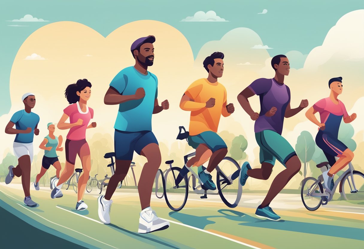 A group of people partaking in aerobic exercise, such as jogging or cycling, with a focus on their heart health