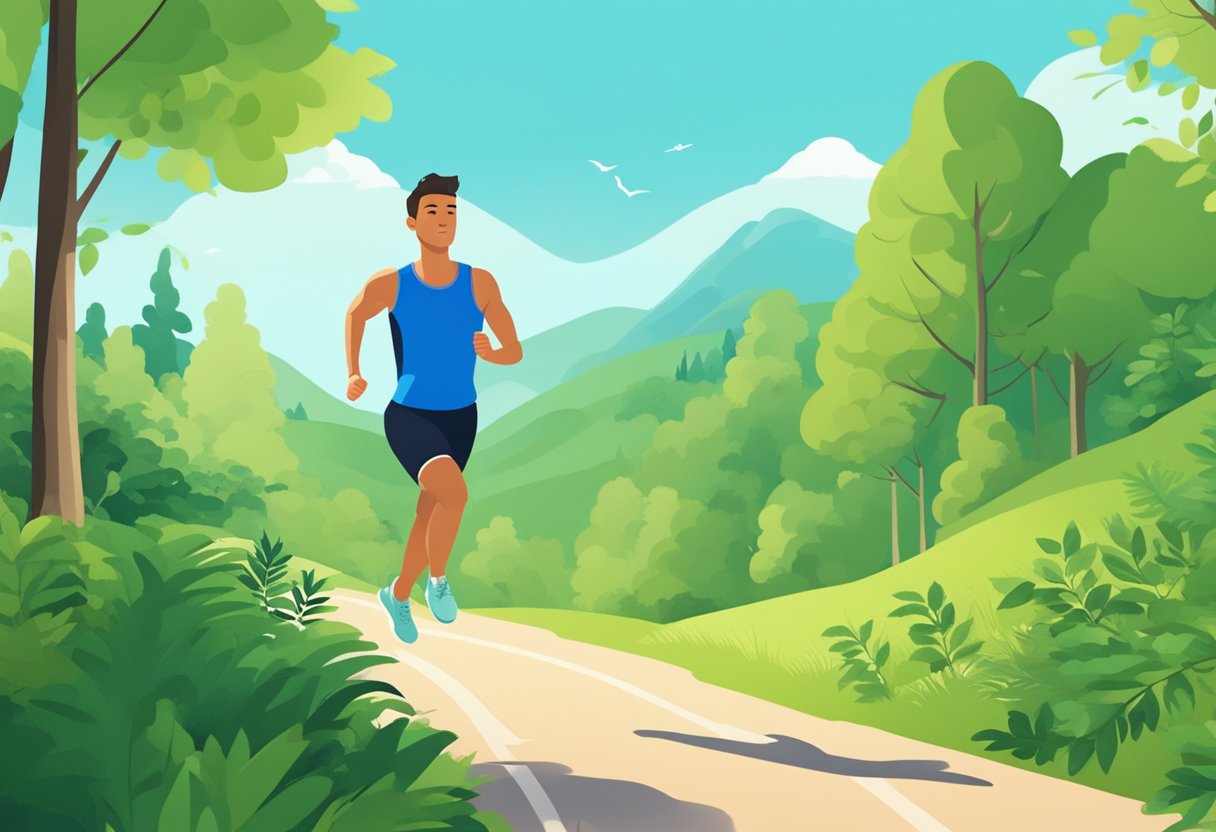 A person jogging on a scenic trail, with a healthy heart rate monitor on their wrist, surrounded by lush green trees and a clear blue sky