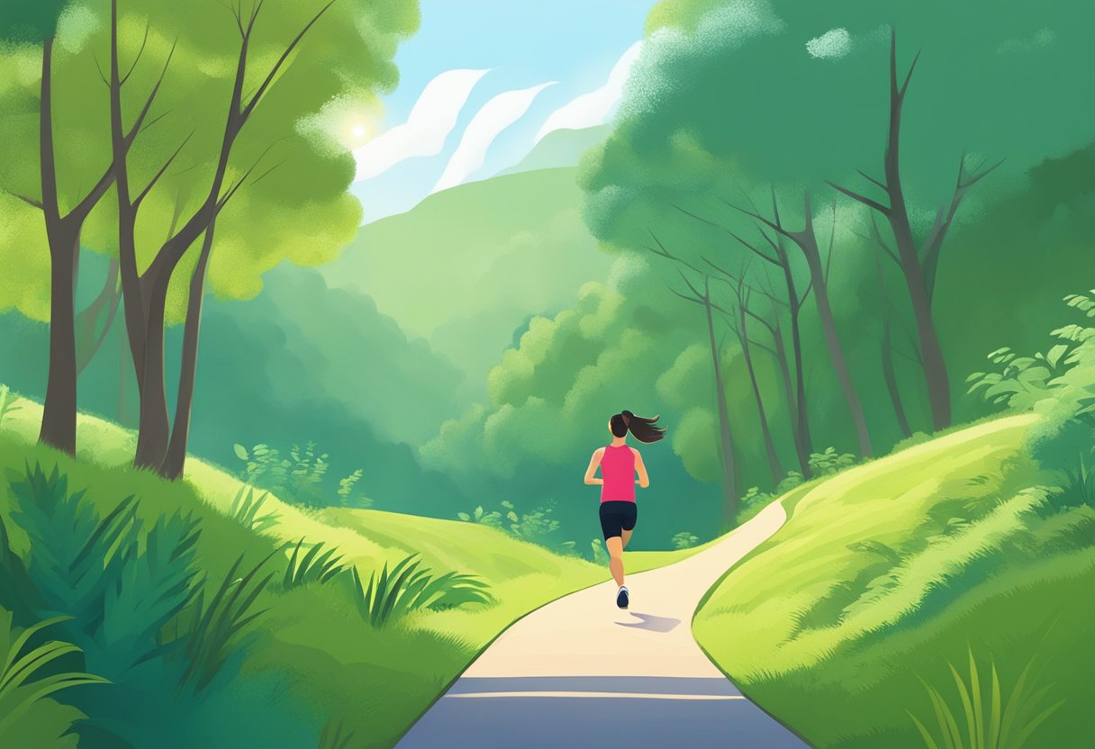 A person is jogging on a scenic trail, surrounded by lush greenery and clear blue skies. The person's posture is upright and confident, with a steady rhythm in their movement