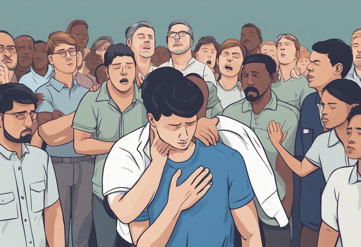 A person clutching their chest in pain, sweating, and struggling to breathe. Surrounding onlookers calling for help and preparing to perform CPR