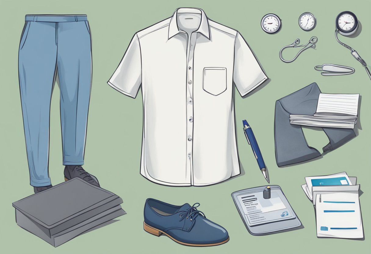 A person lays out their outfit for a cardiologist appointment: a clean, comfortable shirt, pants, and closed-toe shoes. They also prepare their insurance card and any necessary medical documents
