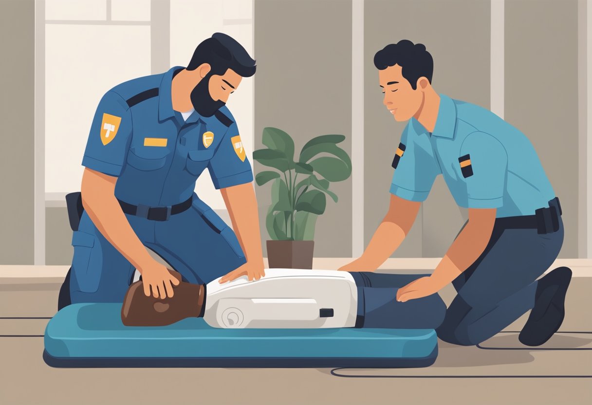 A person is receiving CPR while someone else calls 911. An AED is being prepared for use