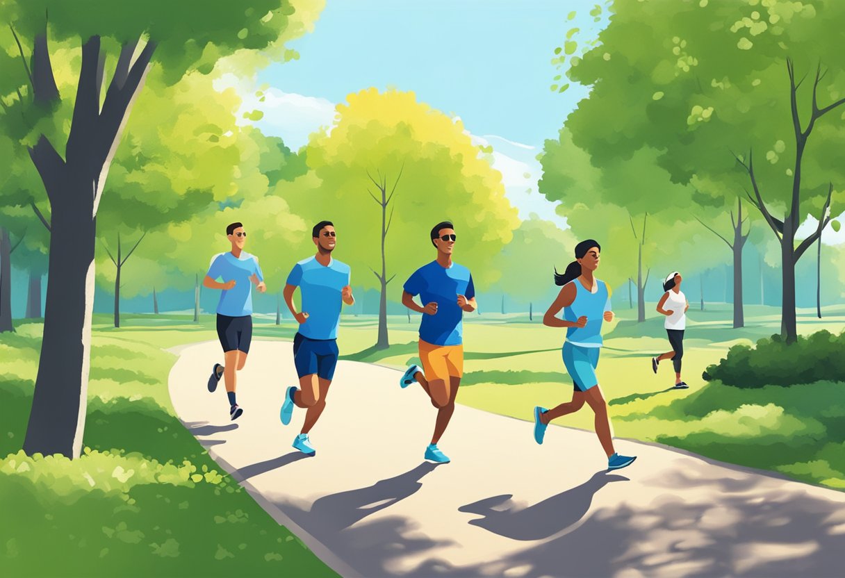 People jogging in a park, surrounded by trees and greenery, with a clear blue sky above