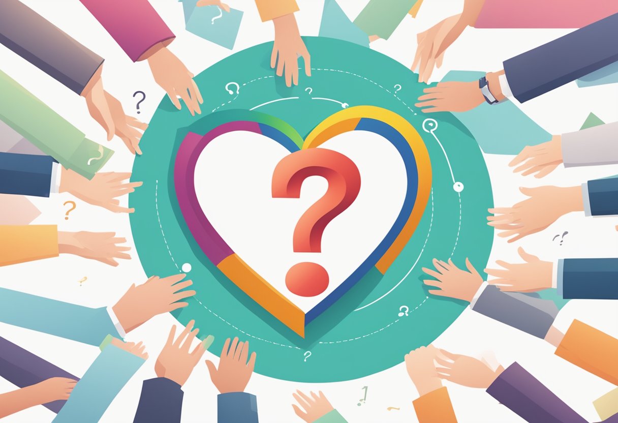 A heart with a question mark hovering above it, surrounded by a circle of frequently asked questions