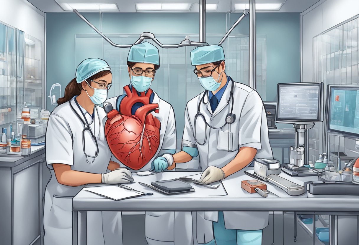 A medical team administers treatment for a blood clot in the heart. Medications and equipment are organized and ready for use