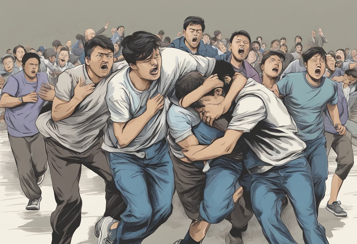 A person clutching their chest, looking distressed, while others rush to their aid