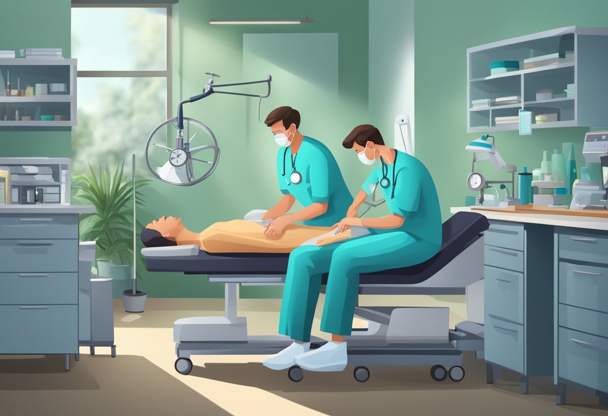 A doctor examines a patient's stomach, puzzled by its rhythmic pulsing. Instruments and medical equipment surround them in the examination room