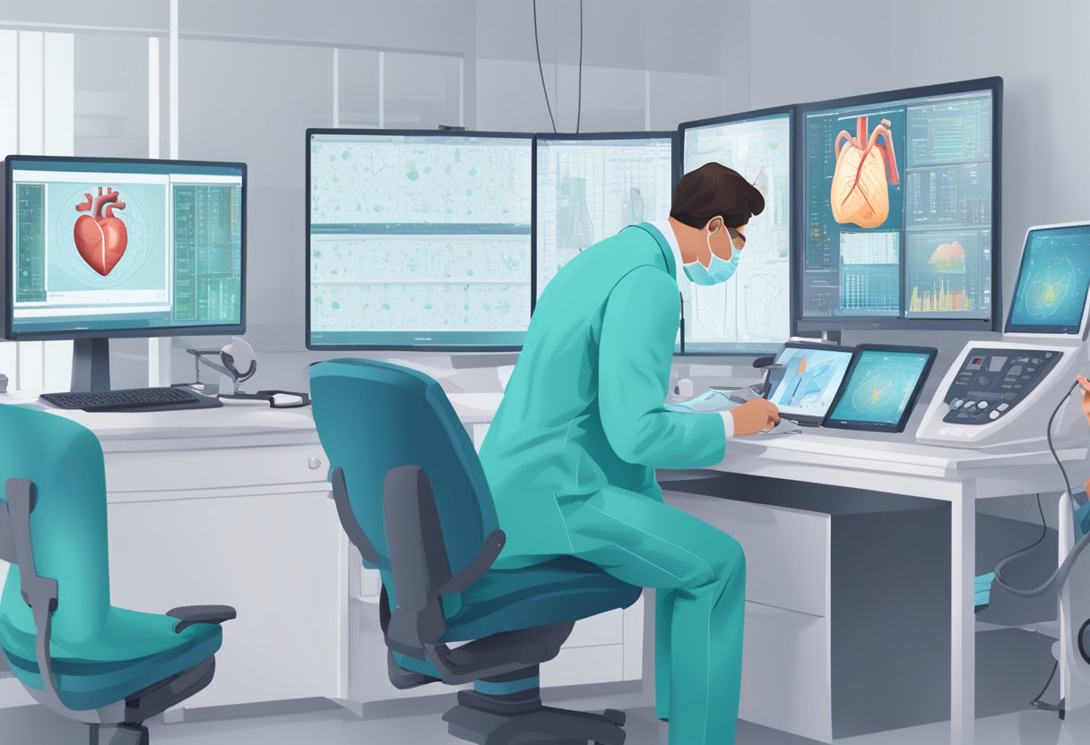 A cardiologist carefully examines a patient's heart scan, surrounded by advanced medical equipment and monitors