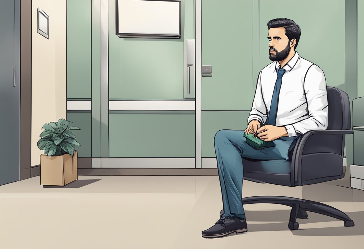 A patient sitting in a waiting room wearing business casual attire, holding a purse or wallet, with a concerned expression on their face