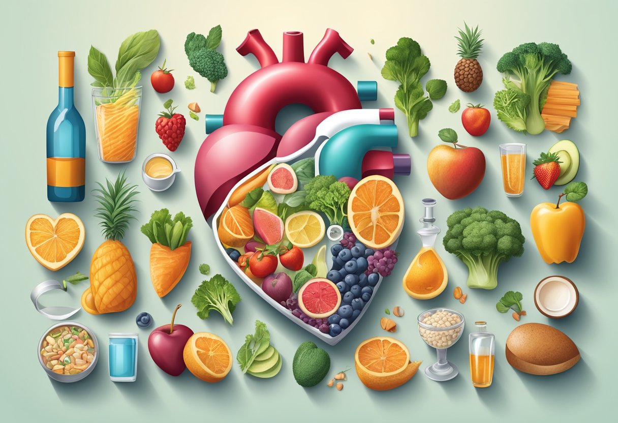A heart surrounded by healthy lifestyle choices, such as exercise, balanced diet, and stress management, while avoiding smoking and excessive alcohol consumption