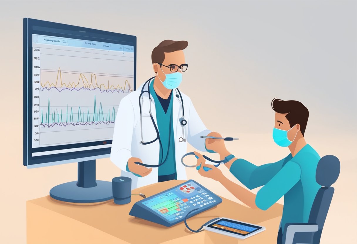A cardiologist measures FFR using a pressure wire in a coronary artery. The wire is connected to a monitor displaying the FFR value, while the doctor analyzes the results