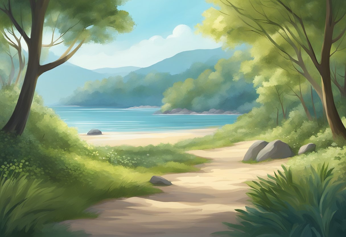 A serene, natural setting with a calm atmosphere, perhaps a peaceful forest or a tranquil beach, where someone could be engaged in low-intensity exercise like walking or gentle yoga
