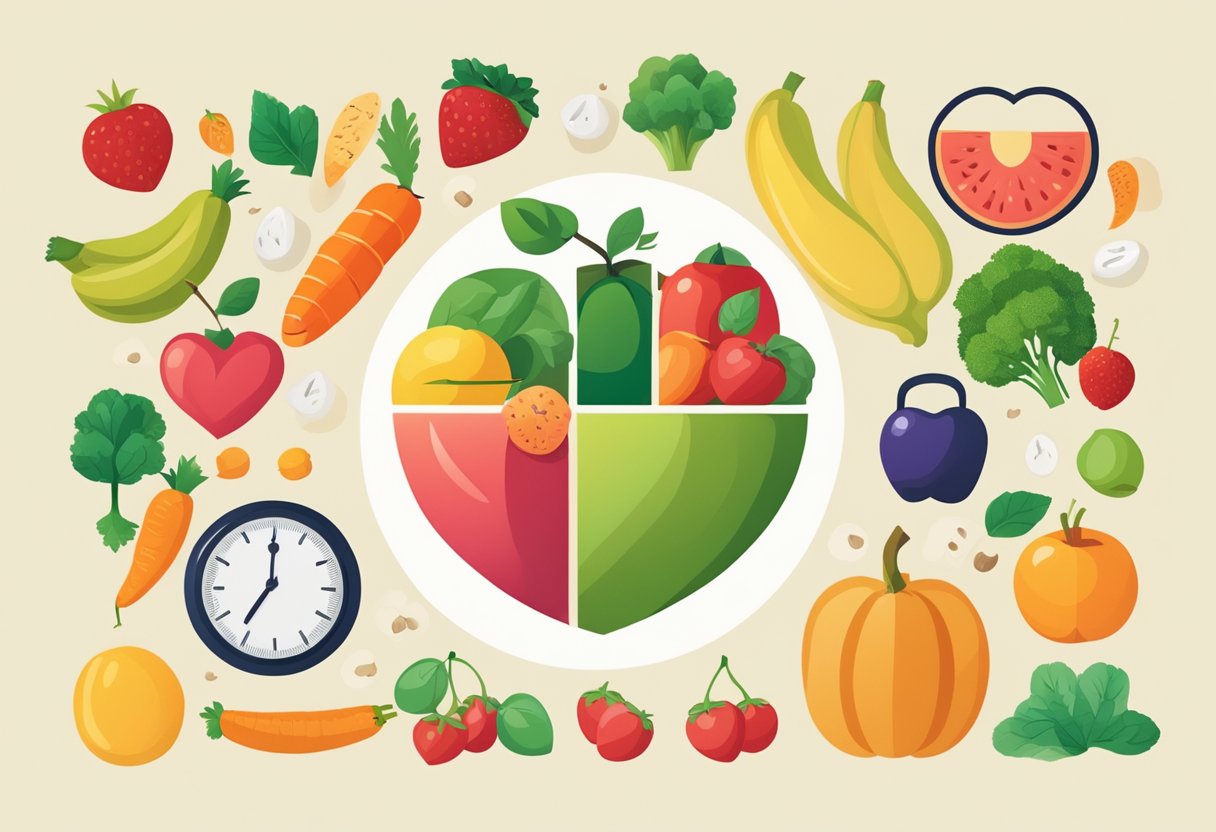 A heart surrounded by healthy lifestyle symbols: fruits, vegetables, exercise equipment, and a no smoking sign