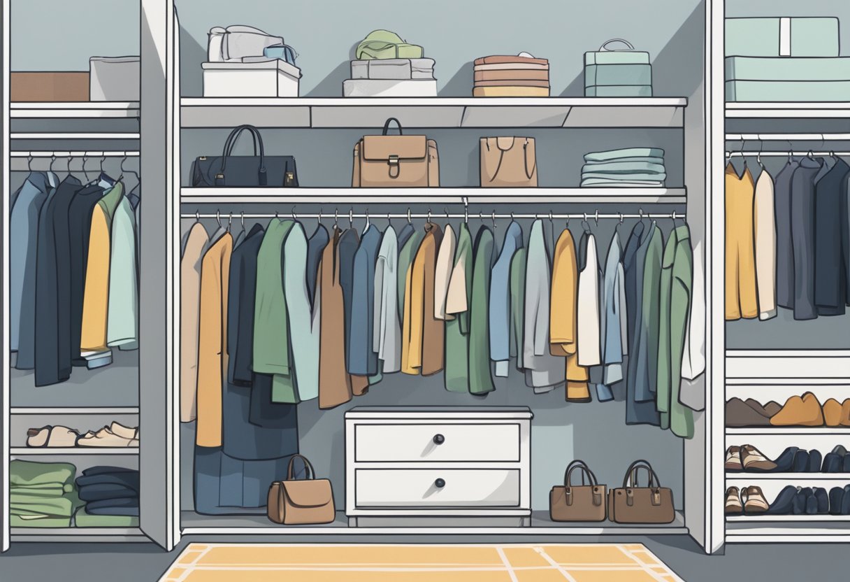A person standing in front of a closet, pondering over clothing options for a cardiologist appointment. The closet is filled with various clothing items and accessories