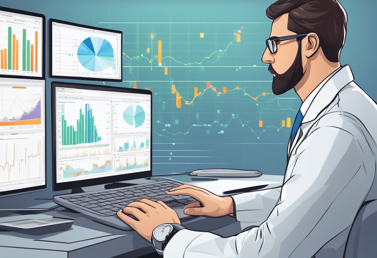 A cardiologist reviews ffr data on a computer screen, analyzing clinical applications and outcomes. Graphs and charts display patient results
