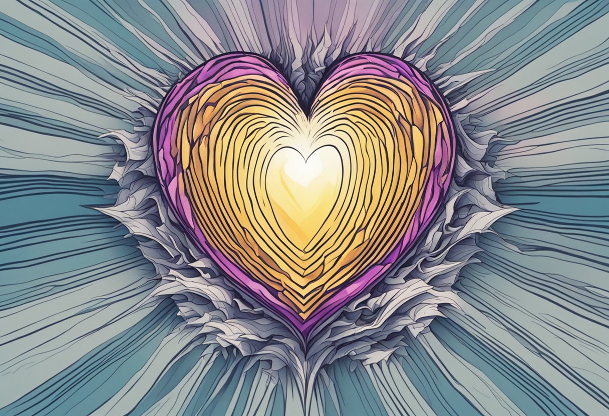 A heart with jagged lines radiating from it, surrounded by pulsing waves of energy