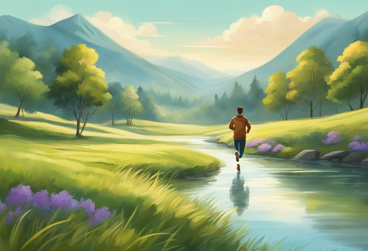 A serene landscape with a person running at a steady pace, surrounded by nature and a peaceful atmosphere