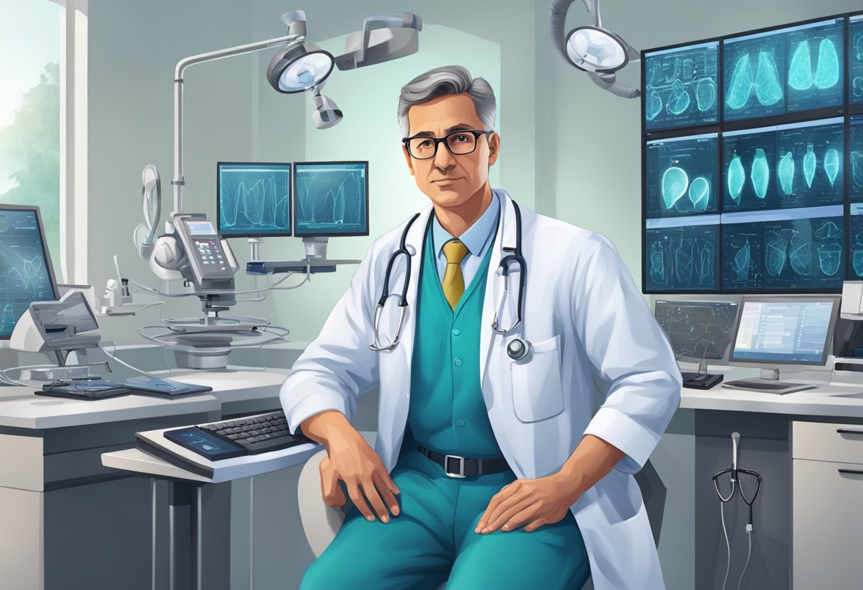 A doctor surrounded by cardiology equipment, answering questions from patients