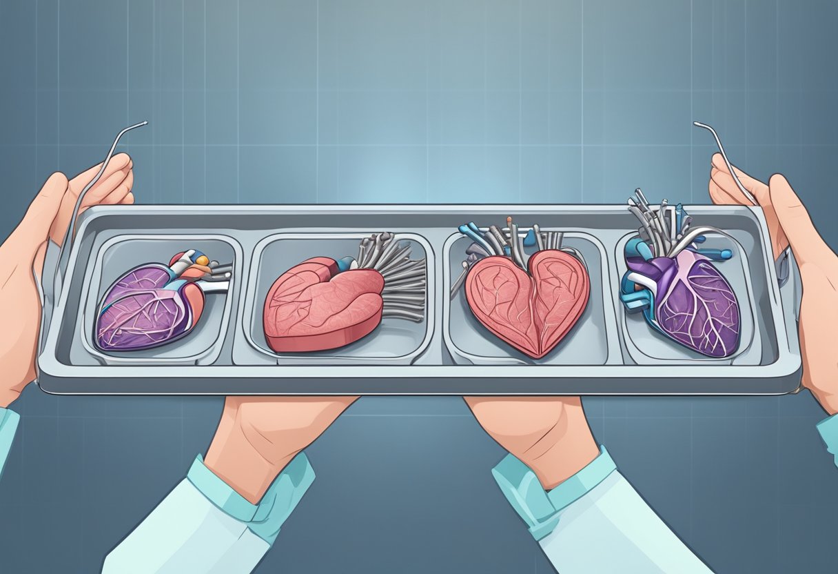 A doctor holds multiple heart stents in hand, arranging them on a sterile tray