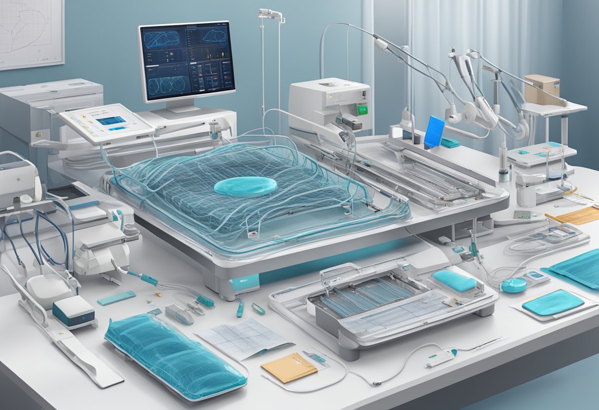 A table with multiple heart stents laid out, some in packaging, some open, with medical equipment and diagrams nearby