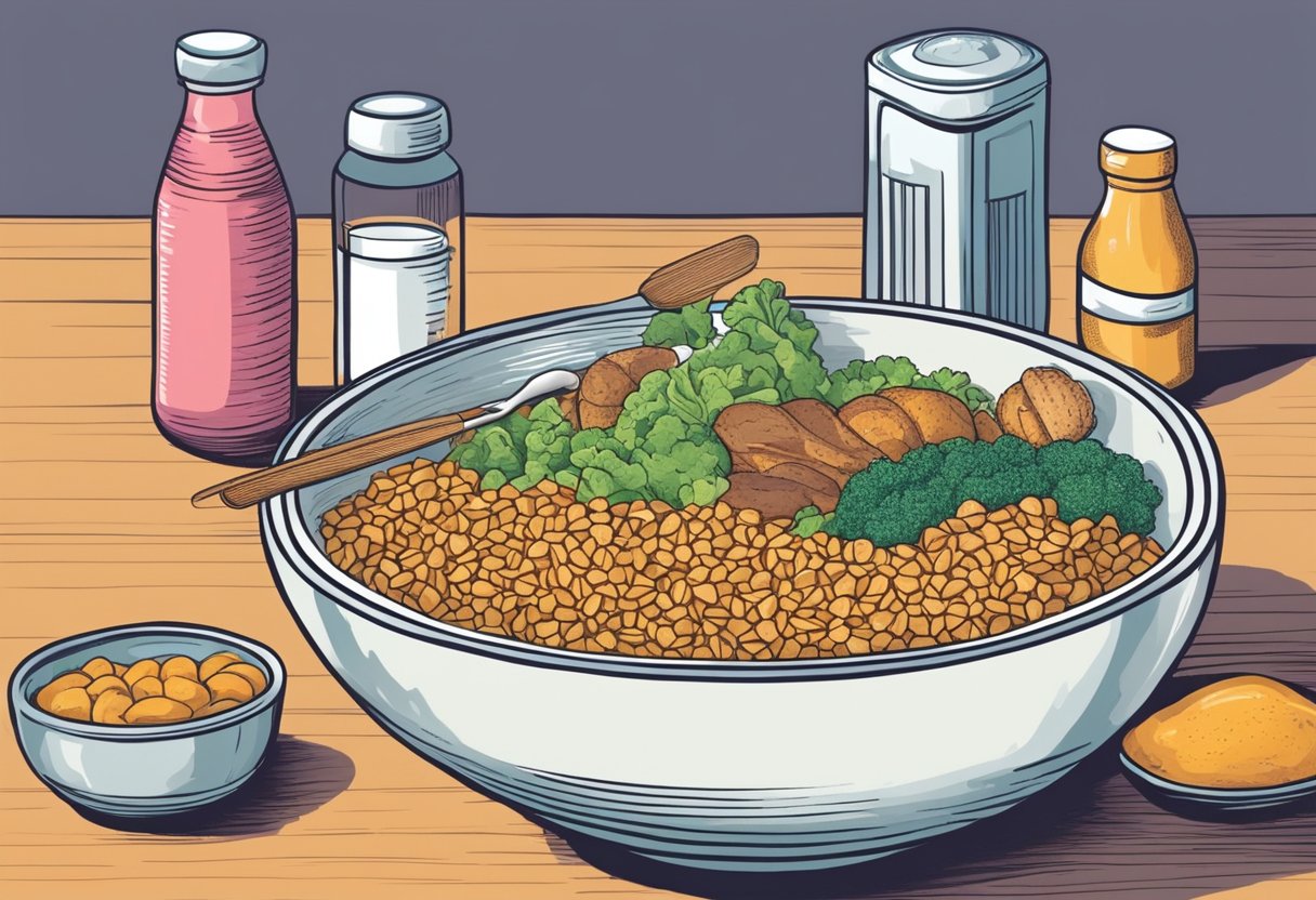 A bowl of MSG-laden food causing rapid heartbeats. A diet high in processed foods triggering palpitations