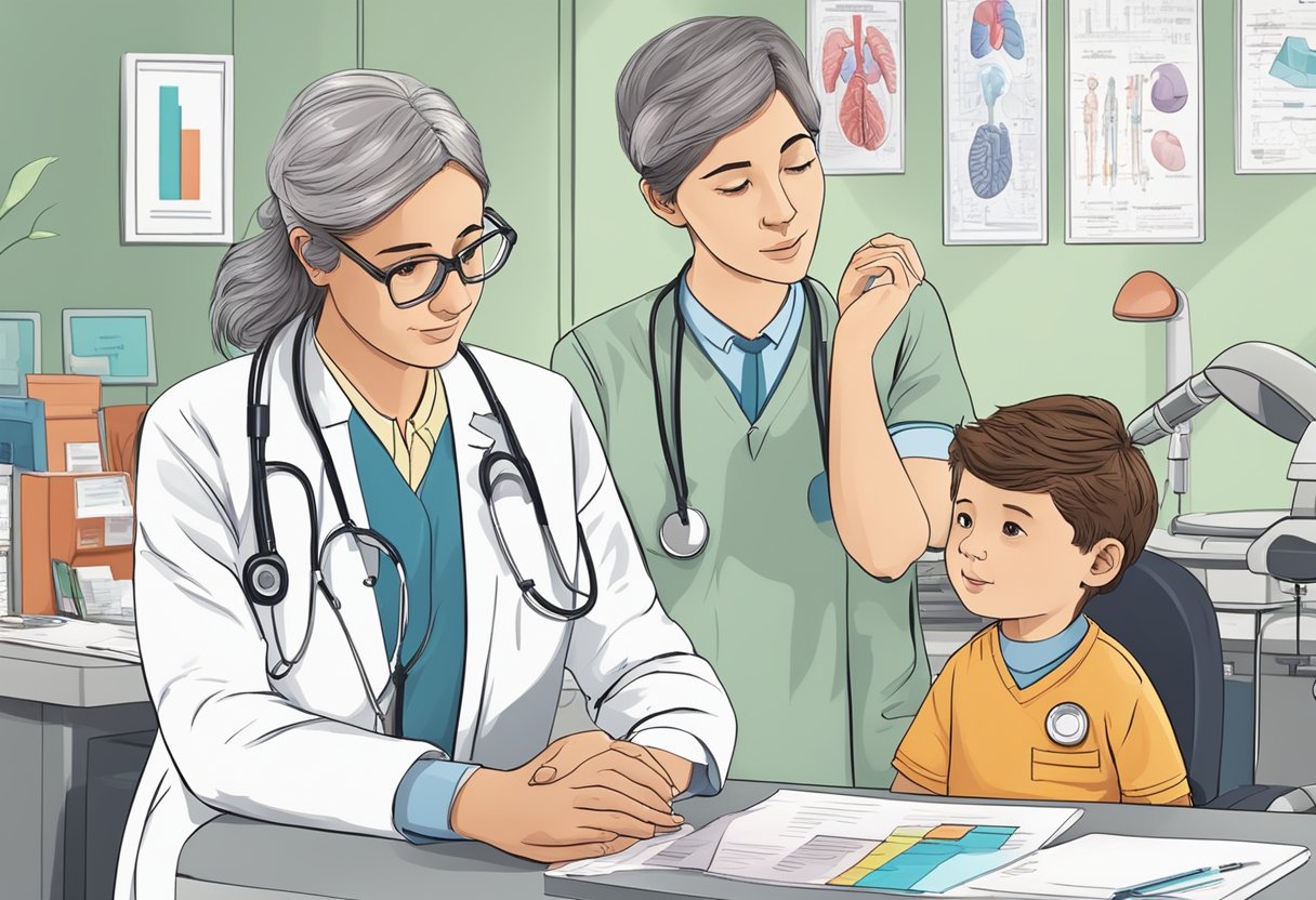 A pediatric cardiologist in a clinic, surrounded by medical equipment and charts, discussing a child's heart condition with concerned parents