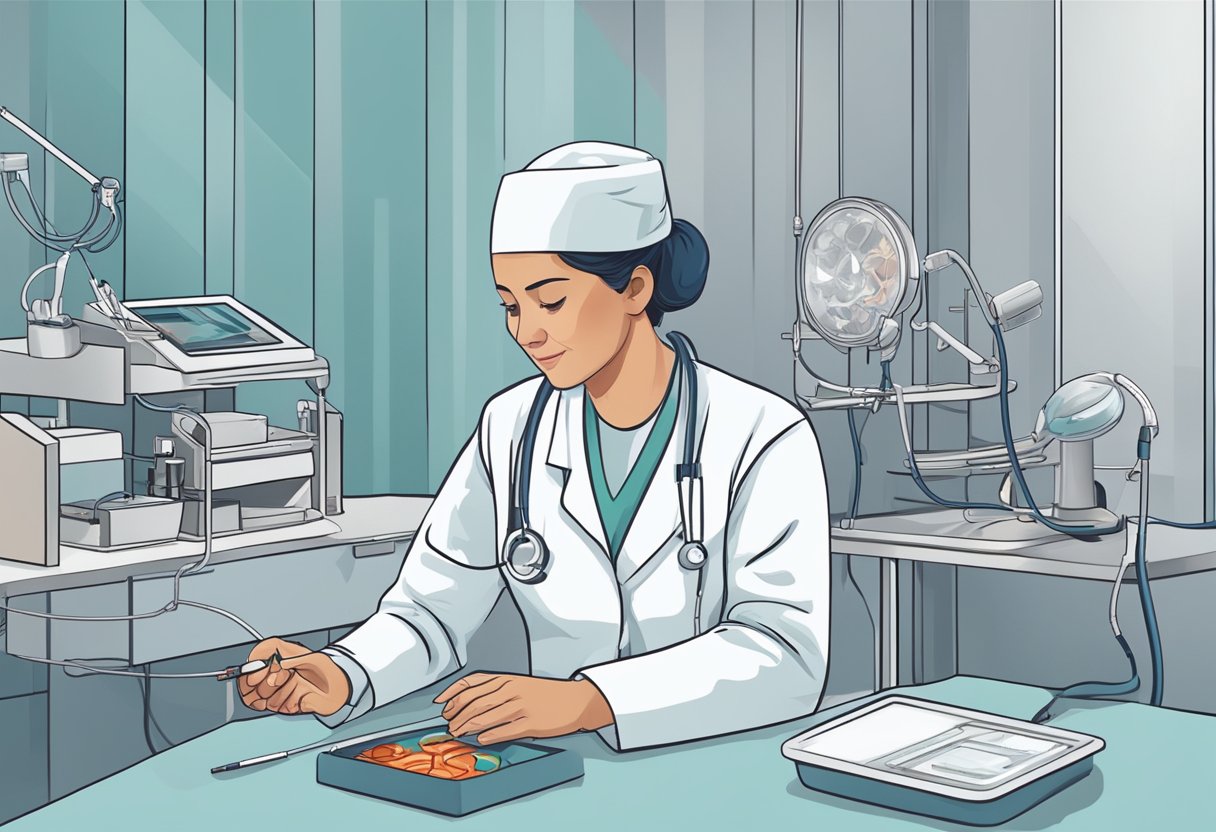 A doctor inserts multiple heart stents into a blood vessel. A nurse provides aftercare instructions to the patient