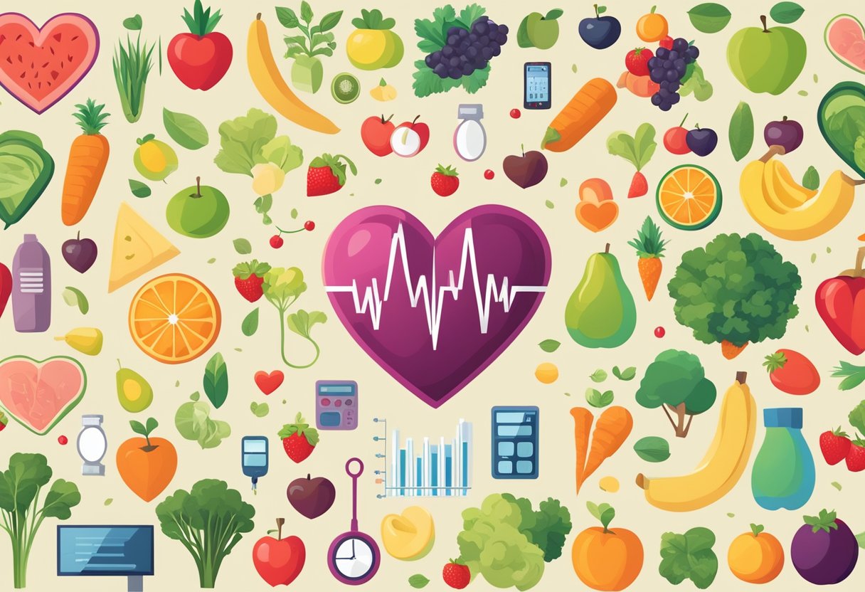 A heart surrounded by healthy lifestyle symbols: fruits, vegetables, exercise equipment, and a heart rate monitor