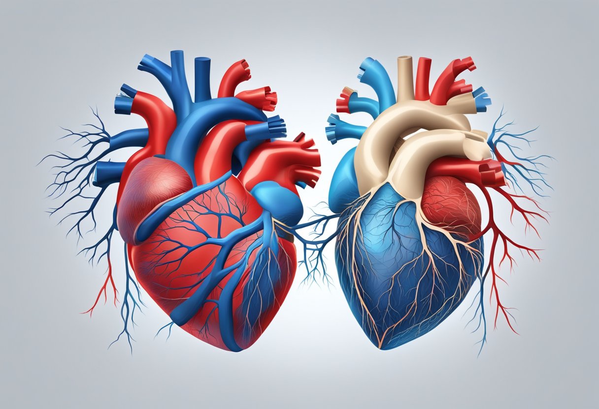 The veins of the human heart pulse with life, branching out like delicate rivers of red and blue