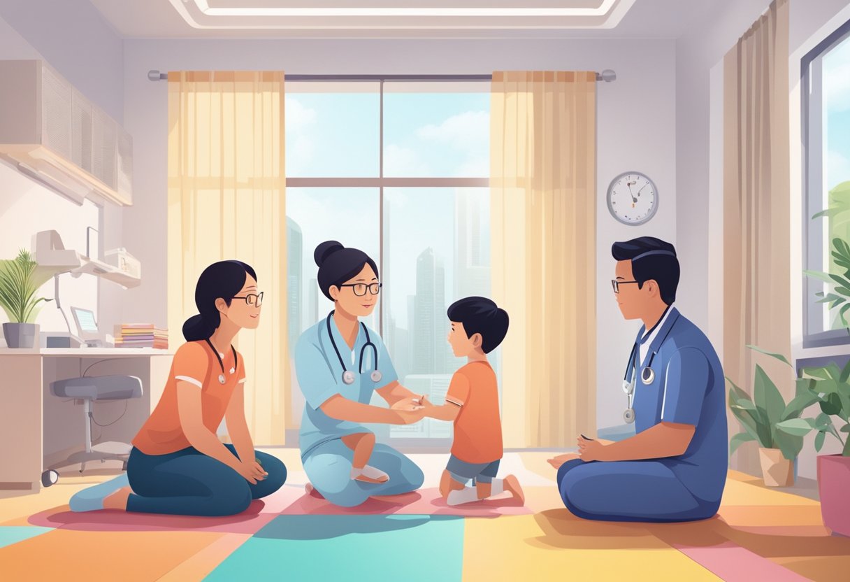 A pediatric cardiologist in Singapore explains heart conditions to a young patient's family in a bright, modern clinic setting
