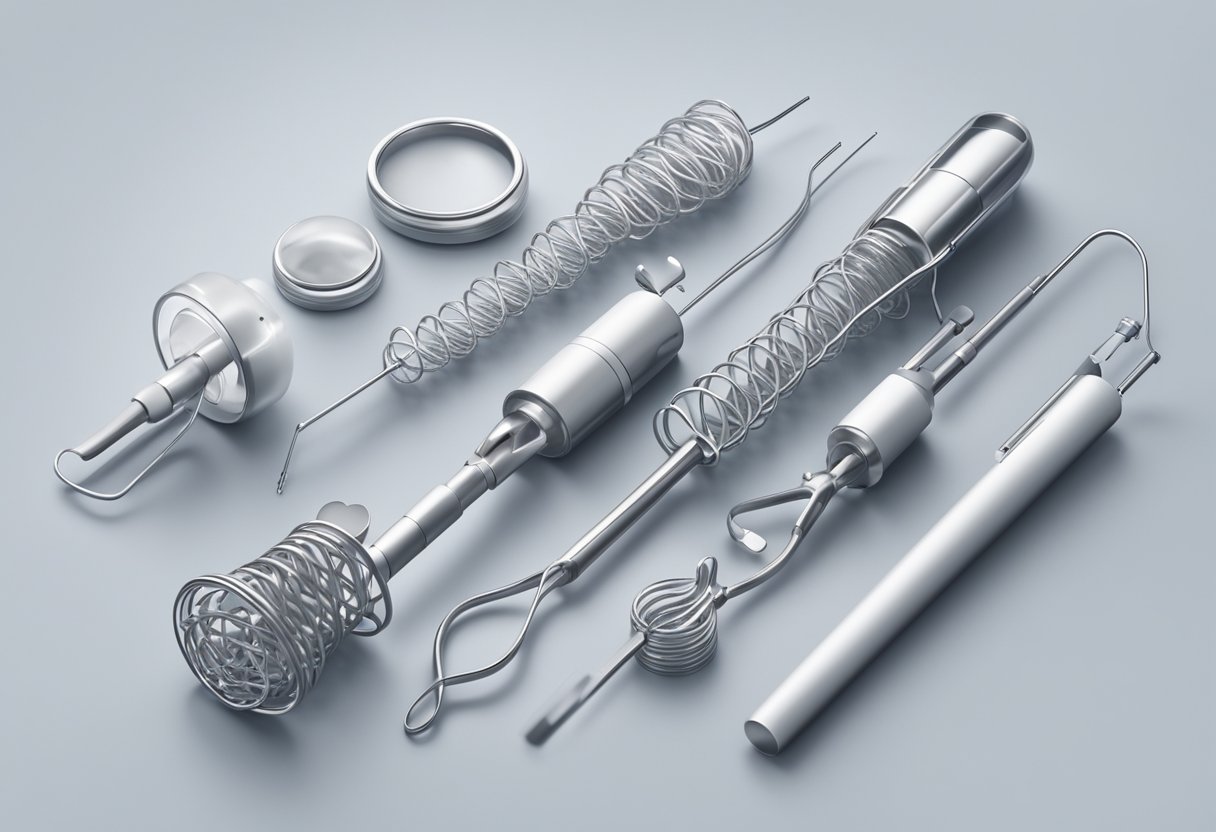 A stack of heart stents, varying in size and shape, arranged on a sterile white surface with a medical instrument nearby