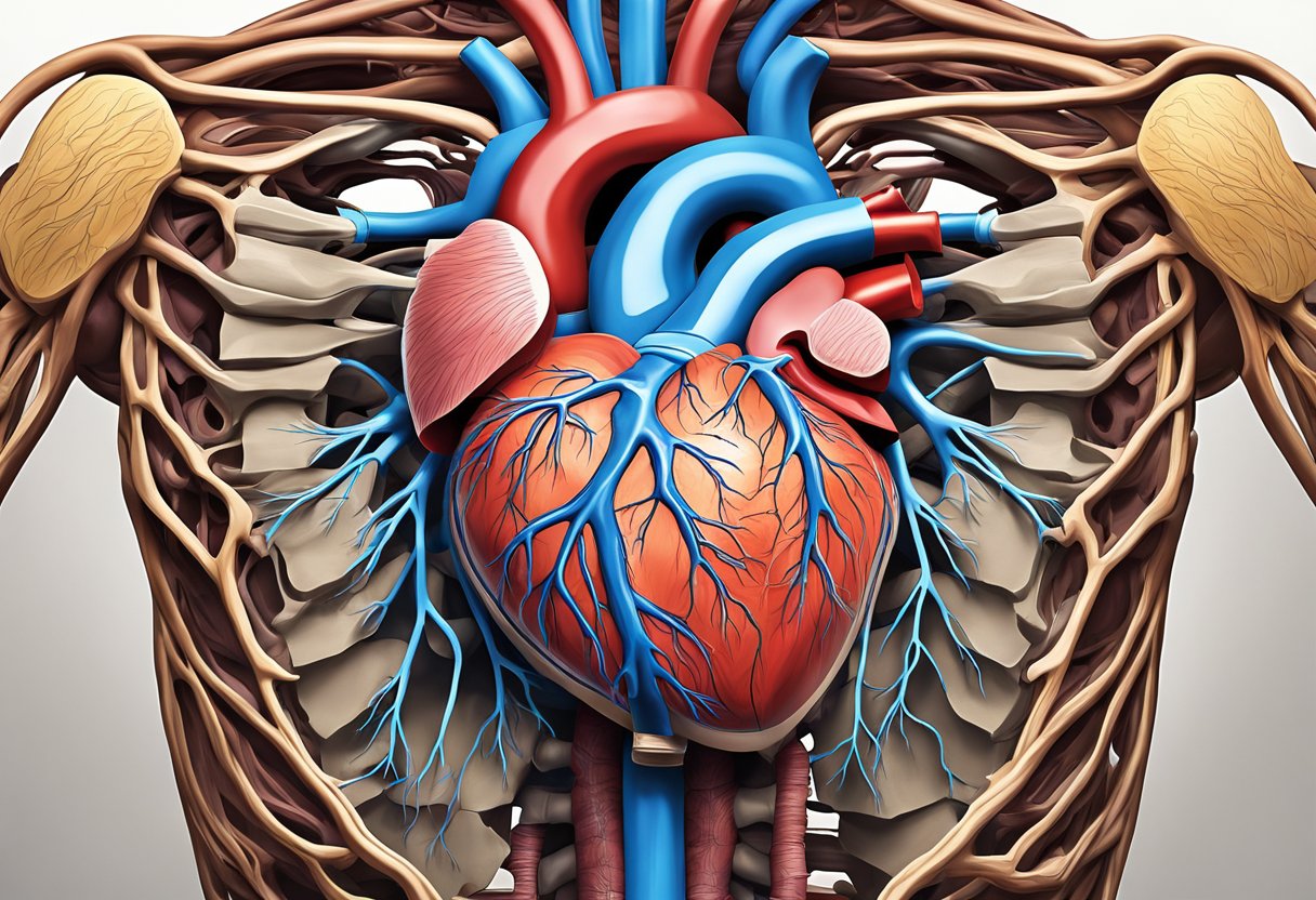 The human heart sits within the chest cavity, surrounded by major veins and arteries. The heart is a muscular organ with four chambers, responsible for pumping oxygenated blood throughout the body