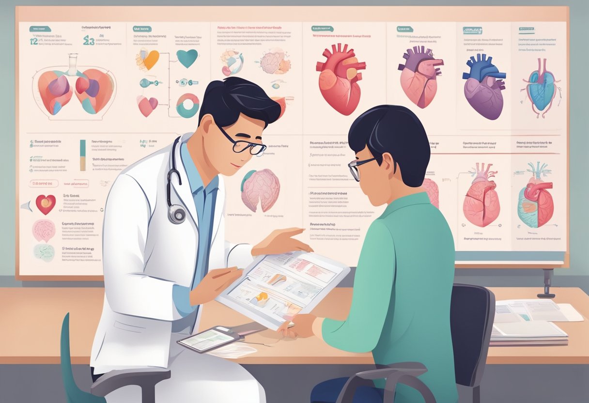 A heart specialist in Singapore discusses heart health and diseases with a patient, using diagrams and charts to explain