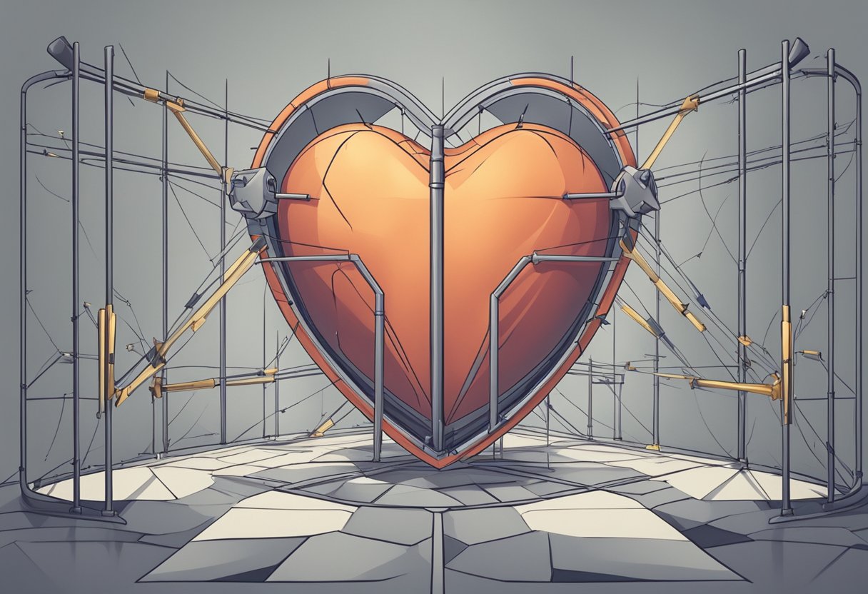 A heart surrounded by barriers and shields, with arrows and obstacles being blocked from reaching it