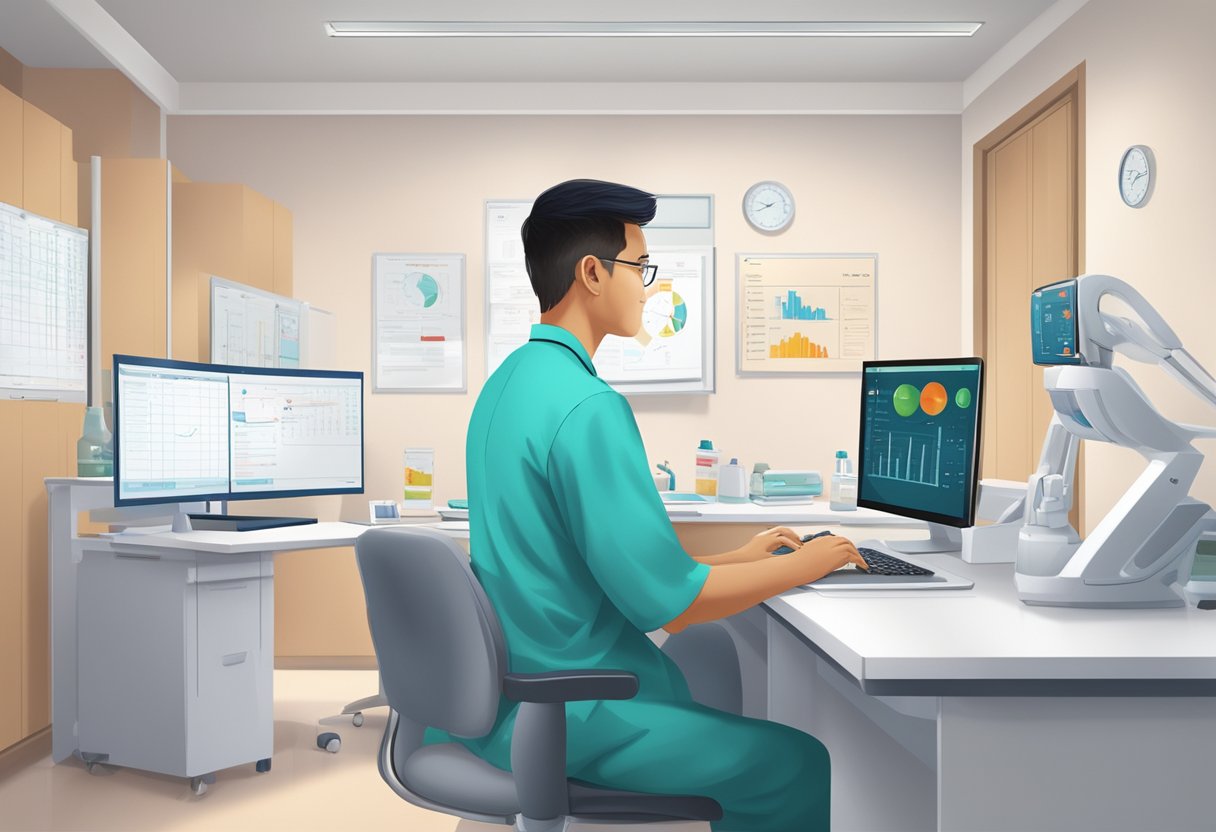 A pediatric cardiologist in Singapore answering common questions in a brightly lit clinic setting with a computer and medical charts in the background