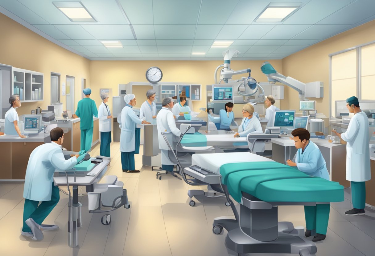 A busy cardiology clinic with doctors, patients, and medical equipment