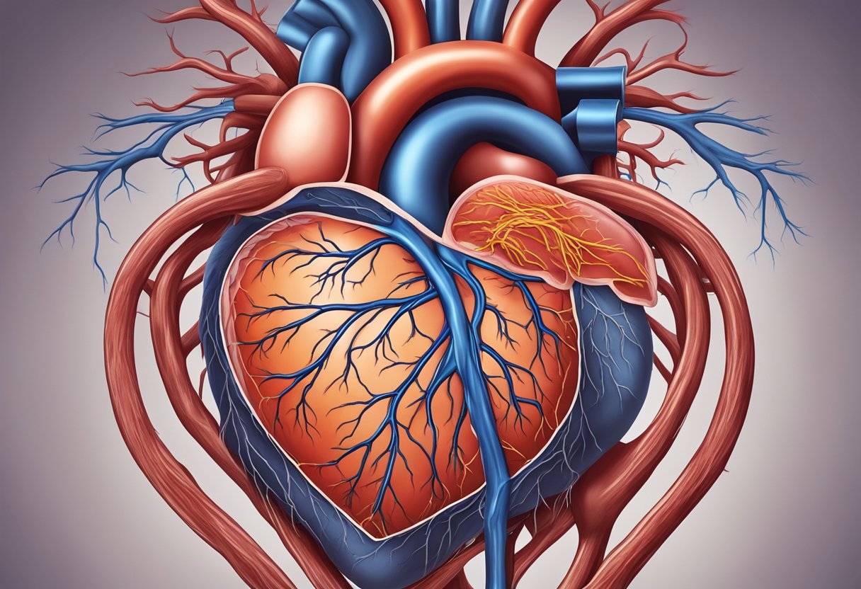 A heart with blocked arteries, causing reduced blood flow and oxygen to the heart muscle, leading to ischemic heart failure