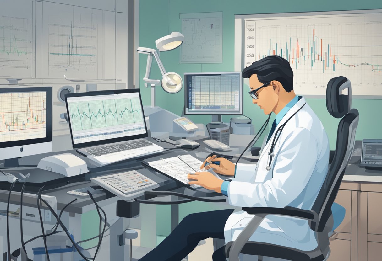 A cardiologist examines a patient's EKG results at NHCS, surrounded by medical equipment and charts
