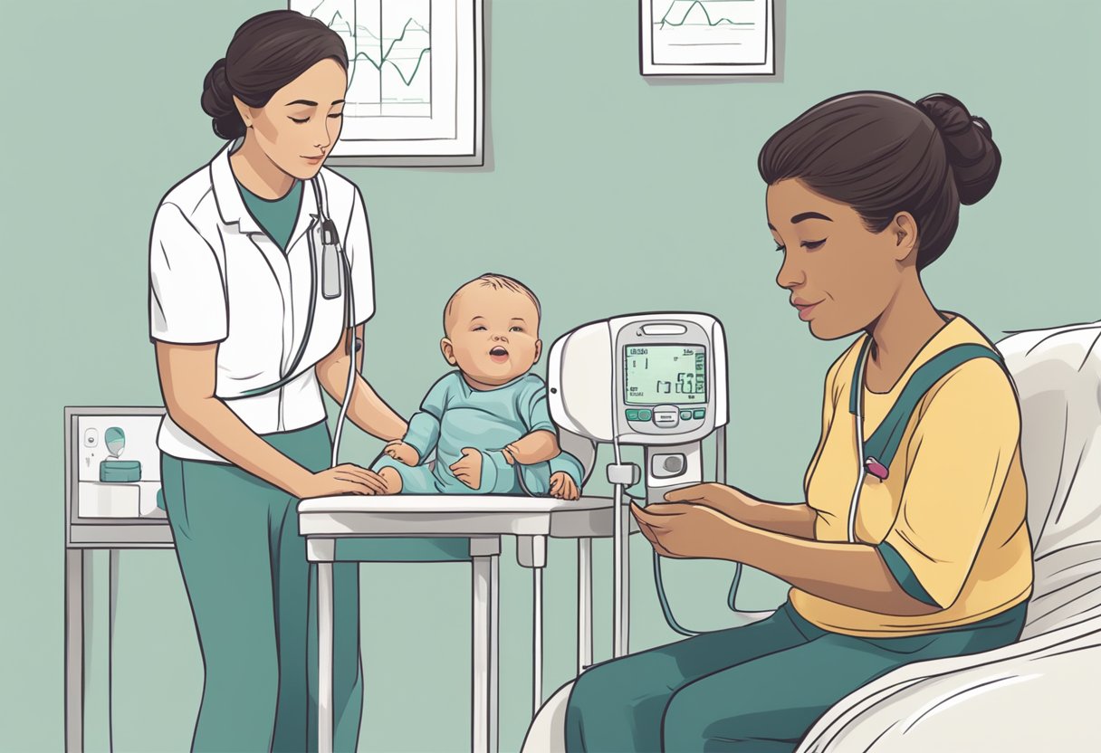 An infant heart rate monitor displays a steady rhythm, while a caregiver looks on with concern, seeking medical attention