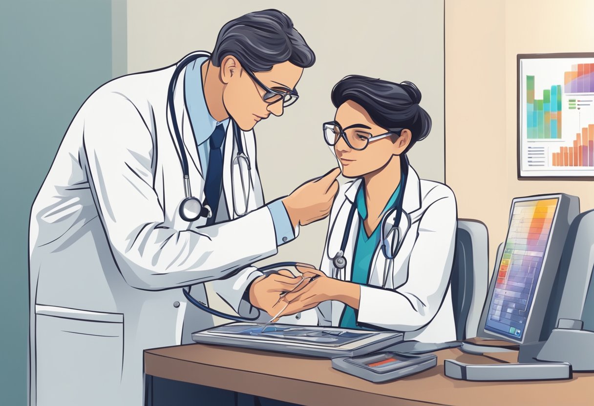 A doctor consults a patient's heart monitor, reviewing charts and adjusting medication