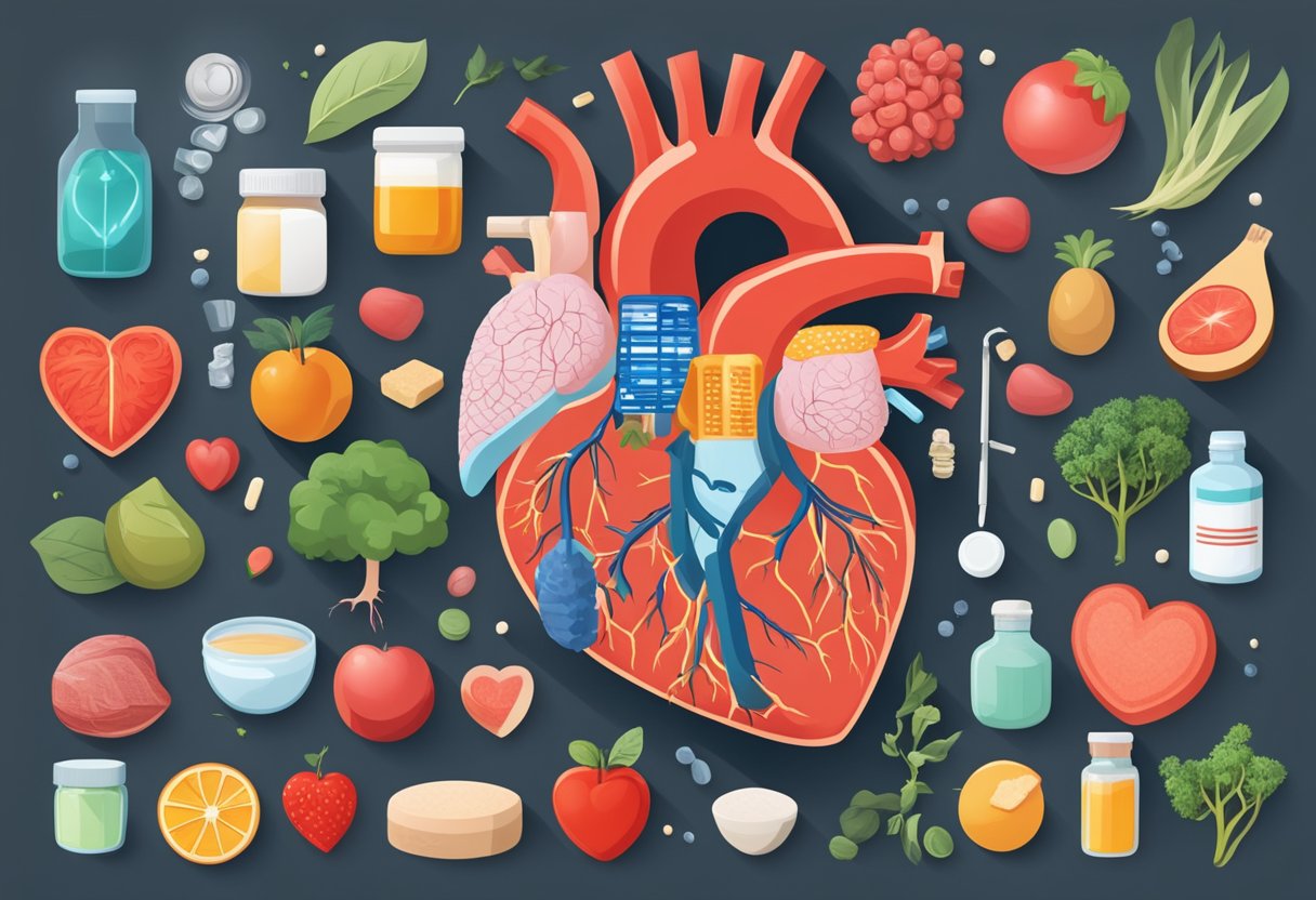 A heart with blocked arteries, surrounded by healthy lifestyle choices and medications